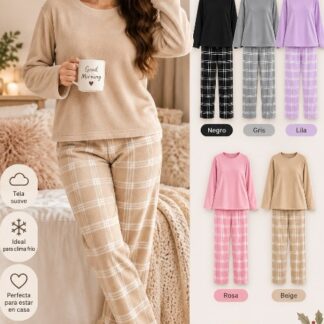 Pijama Polar Cuadros (linea) - Gris claro